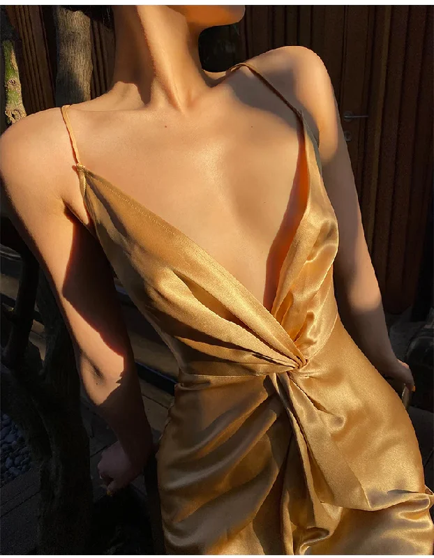 Sexy Halter V Neck Party Dress,Champagne Gold Prom Evening Dress Y8211 Tunics Corduroy durable