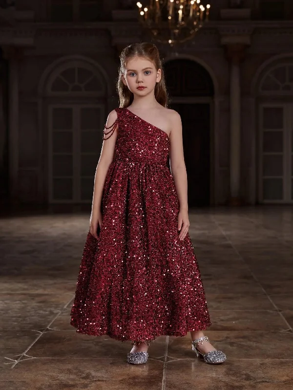 Tween Girls' One Shoulder Chain Detail Sequin Party Dress Tunics Essential wardrobe