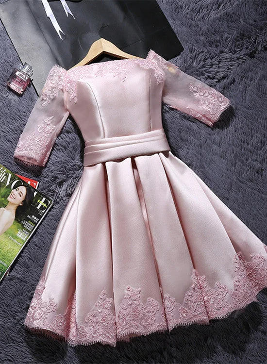 Pink Short Satin with Lace Round Neckline Wedding Party Dresses, Pink Cute Homecoming Dress empire Waist empire Pink Short Satin with Lace Round Neckline Wedding Party Dresses, Pink Cute Homecoming Dress empire Waist empire