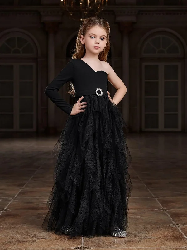 Tween Girls' Asymmetrical Neck Mesh Overlay Party Dress Tunics Cozy comfortable