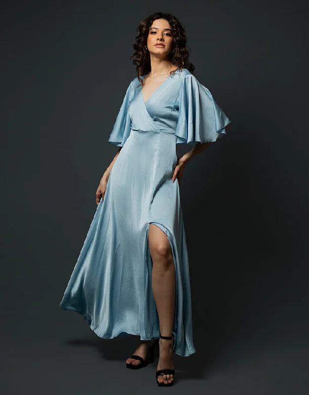 Flared Sleeves Crossover Neck Dress with Front Slit Tunics Versatile all-occasion
