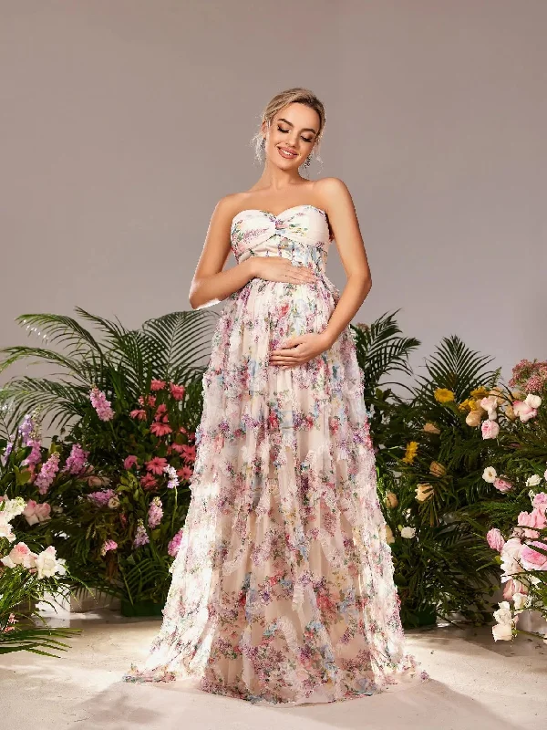 Maternity Strapless Ruffle Trim Floral Mesh Party Dress Tunics Custom made