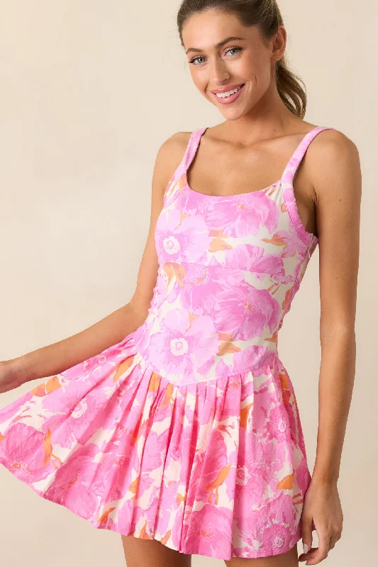 Garden Party Hot Pink & Orange Floral Pleated Tennis Dress Tunics Versatile functional Garden Party Hot Pink & Orange Floral Pleated Tennis Dress Tunics Versatile functional