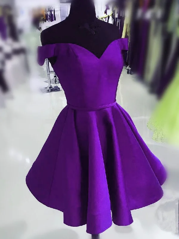 Purple Satin Off Shoulder Short Cute Homecoming Dress, Purple Prom Dress Party Dress Tunics Travel practical Purple Satin Off Shoulder Short Cute Homecoming Dress, Purple Prom Dress Party Dress Tunics Travel practical