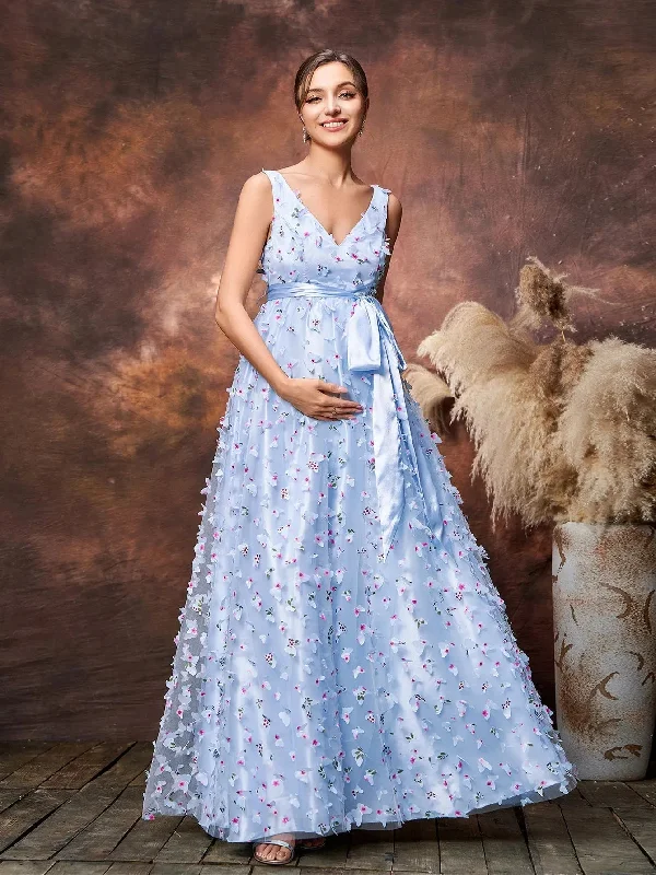 Maternity Plunging Neck Sleeveless Applique Detail Tulle Overlay Party Dress Tunics Ceremony elegant Maternity Plunging Neck Sleeveless Applique Detail Tulle Overlay Party Dress Tunics Ceremony elegant
