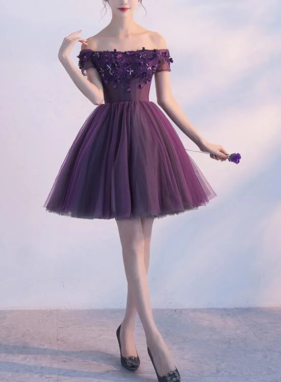 Dark Purple Off Shoulder Knee Length Homecoming Dress , Lovely Formal Dress, Cute Party Dress Tunics Office stylish Dark Purple Off Shoulder Knee Length Homecoming Dress , Lovely Formal Dress, Cute Party Dress Tunics Office stylish