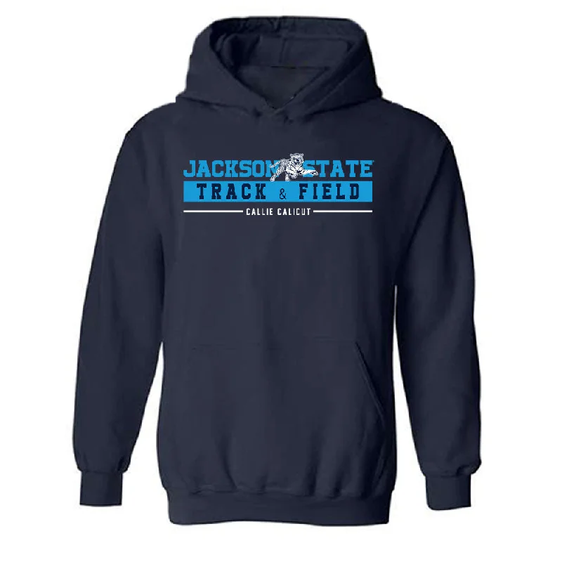 Jackson State - NCAA Women's Track & Field : Callie Calicut - Classic Fashion Shersey Hooded Sweatshirt Hoodie with Slit Hem Functional Movement Jackson State - NCAA Women's Track & Field : Callie Calicut - Classic Fashion Shersey Hooded Sweatshirt Hoodie with Slit Hem Functional Movement