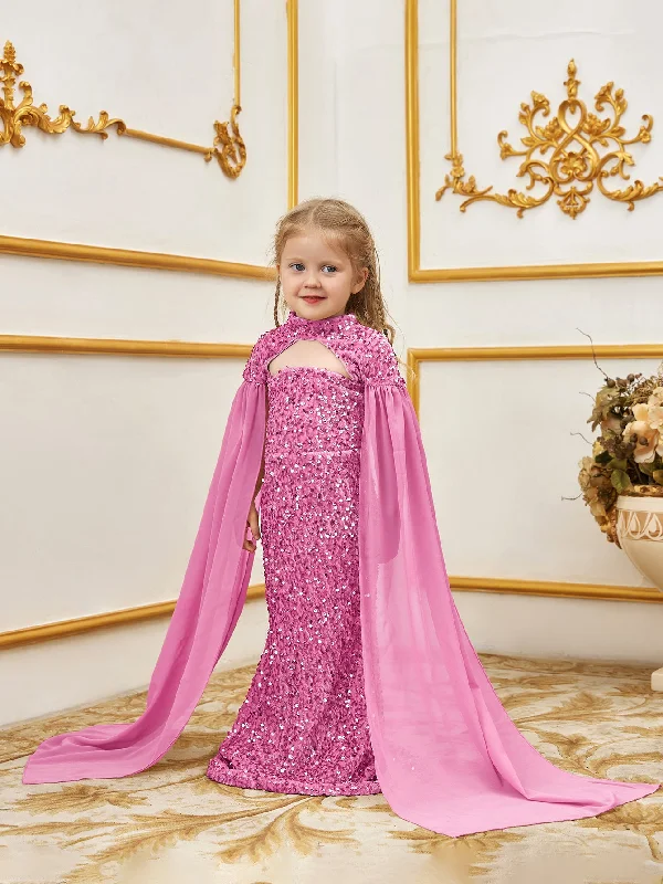 Young Girls' Mock Neck Cape Sleeves Sequin Party Dress Bodycon Fitted Nightout