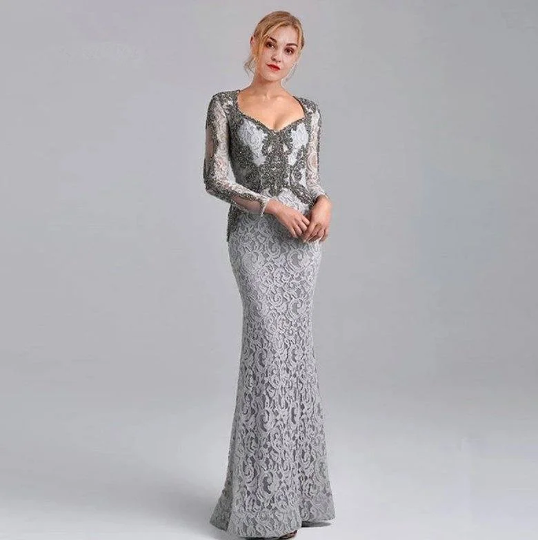 Gray Mother Of The Bride Dresses Mermaid V-neck Long Sleeves Lace Beaded Long Wedding Party Dress Mother Dress For Wedding Tunics Travel practical Gray Mother Of The Bride Dresses Mermaid V-neck Long Sleeves Lace Beaded Long Wedding Party Dress Mother Dress For Wedding Tunics Travel practical