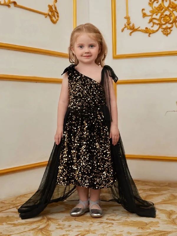 Young Girls' Cute Sleeveless Mesh Overlay Sequin Party Dress Peplum Ruffle Cocktail