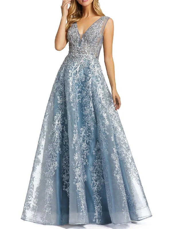 Womens Embellished V-Neck Evening Dress Cowl Neckline Elegant