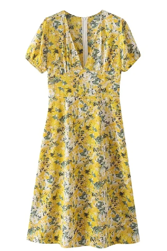 Alira Yellow Printed Floral Dress Tunics Sophisticated sleek