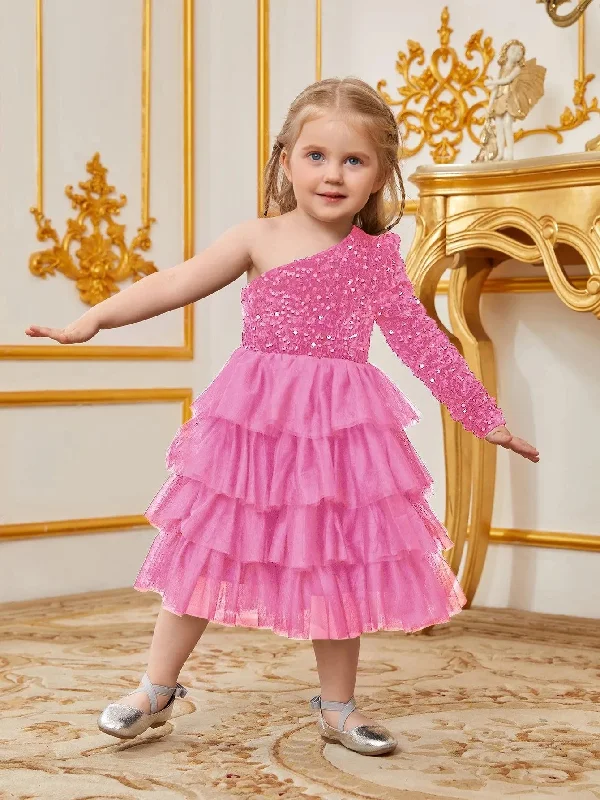 Young Girls' One Shoulder Mesh Lyaered Hem Party Dress High-Low Hemline Casual