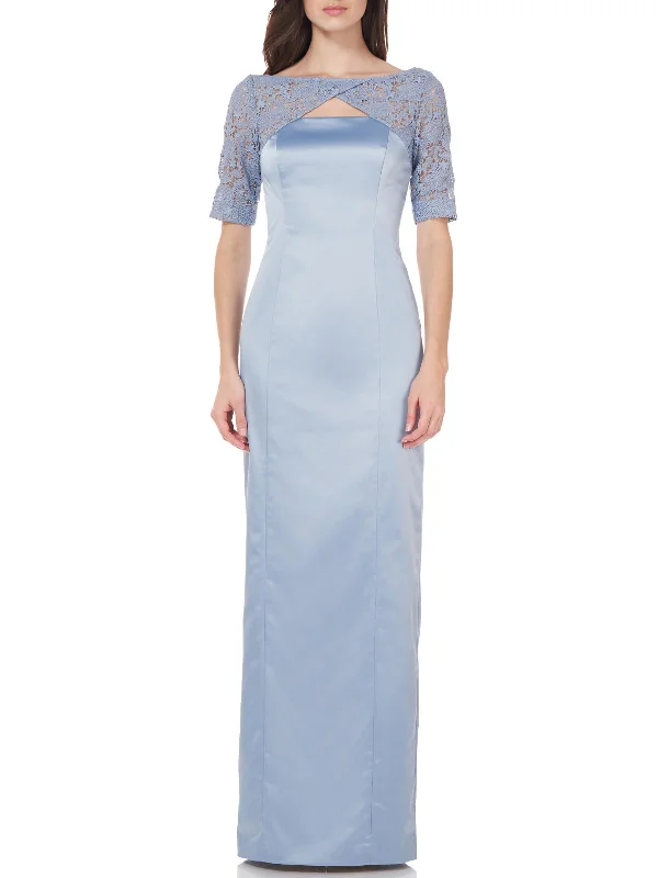 Womens Satin Lace Sleeves Evening Dress Pencil Office Professional