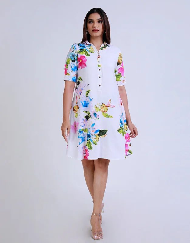 Printed A- Line Dress with Folder Sleeve Tunics Denim casual