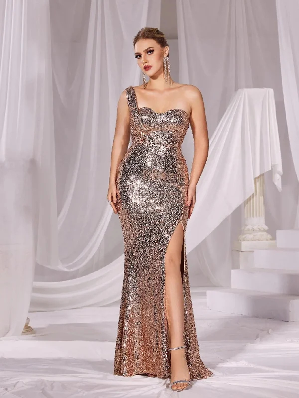 One Shoulder Split Mermaid Hem Party Dress Tunics Ceremony elegant