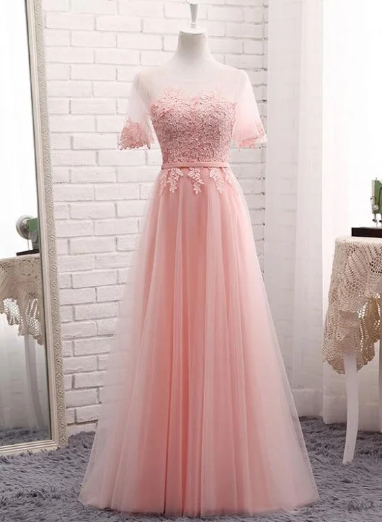 Cute Tulle and Lace Long Party Dress, A-line Tulle Short Sleeves Bridesmaid Dress Turtleneck Warm Winter Cute Tulle and Lace Long Party Dress, A-line Tulle Short Sleeves Bridesmaid Dress Turtleneck Warm Winter