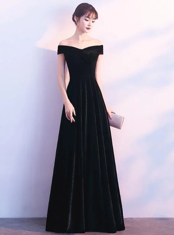 Black Off Shoulder Velvet Long Bridesmaid Dress, Elegant Black Party Dress Tunics Modern contemporary Black Off Shoulder Velvet Long Bridesmaid Dress, Elegant Black Party Dress Tunics Modern contemporary
