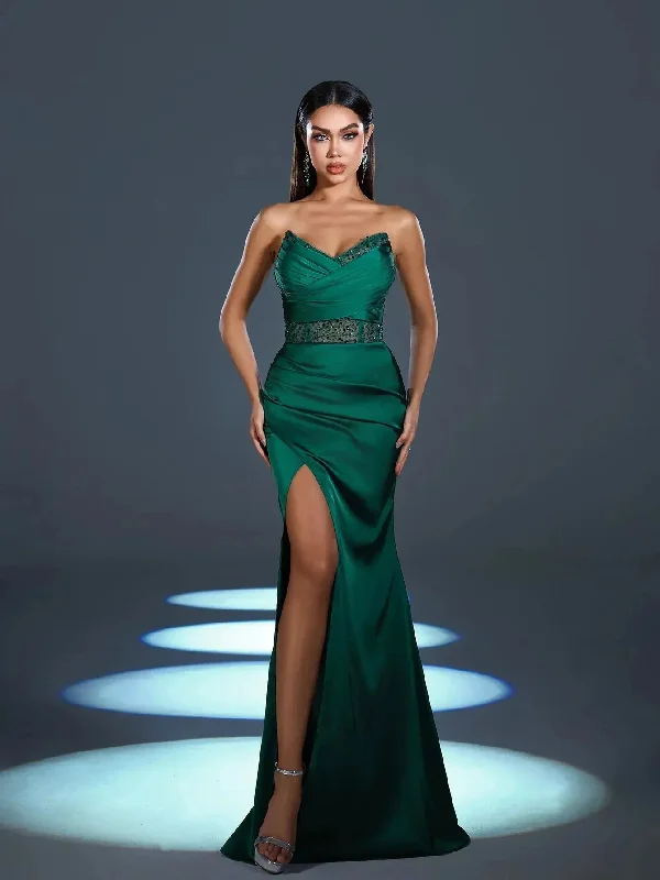 Elegant Strapless Contrast Sequin Split Thigh Satin Mermaid Party Dress Tunics Wedding white Elegant Strapless Contrast Sequin Split Thigh Satin Mermaid Party Dress Tunics Wedding white