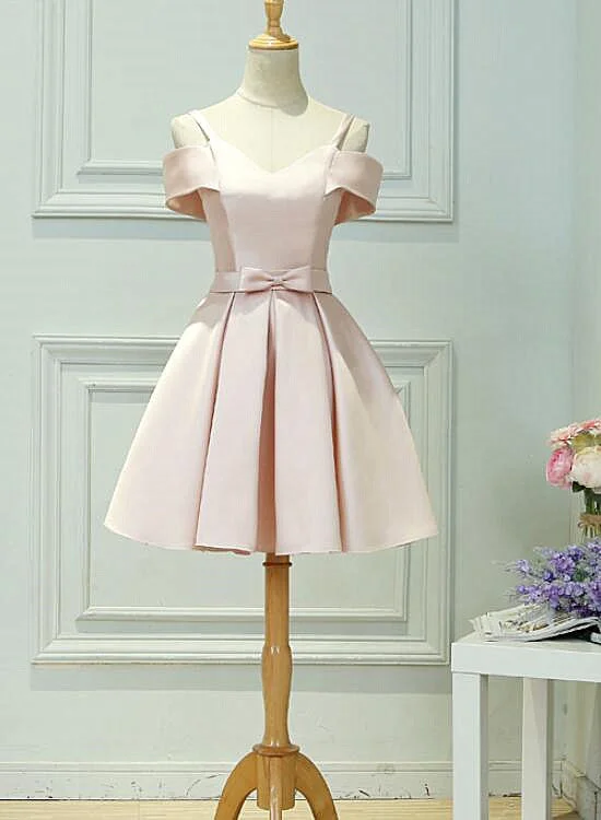 Light Pink Satin Knee Length Off Shoulder Party Dress, Short Pink Homecoming Dress Tunics Lace romantic Light Pink Satin Knee Length Off Shoulder Party Dress, Short Pink Homecoming Dress Tunics Lace romantic