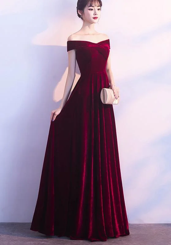 Wine Red Off Shoulder Velvet Long Wedding Party Dress, Charming Formal Gown Tunics Fleece cozy Wine Red Off Shoulder Velvet Long Wedding Party Dress, Charming Formal Gown Tunics Fleece cozy