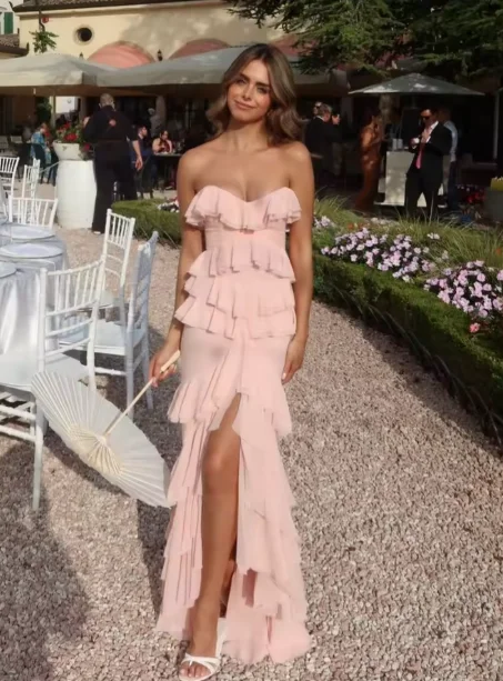 Charming Pink Chiffon Ruffles Tiered Evening Dress Slit Mermaid Prom Party Dress Y8006 Tunics Handmade artisanal Charming Pink Chiffon Ruffles Tiered Evening Dress Slit Mermaid Prom Party Dress Y8006 Tunics Handmade artisanal