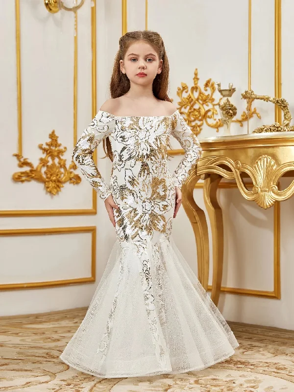 Tween Girls' Off Shoulder Long Sleeves Contrast Mesh Mermaid Hem Floral Sequin Party Dress Pencil Length Work Tween Girls' Off Shoulder Long Sleeves Contrast Mesh Mermaid Hem Floral Sequin Party Dress Pencil Length Work