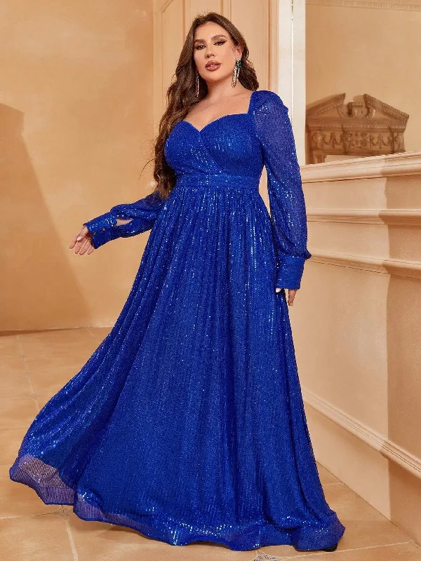 Plus Lantern Sleeves Backless Sequin  A Line Party Dress Boatneck Modish Everyday