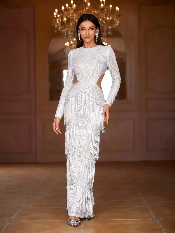 Gorgeous Cut Out Waist Fringed Sequin Party Dress Tunics Sale discount