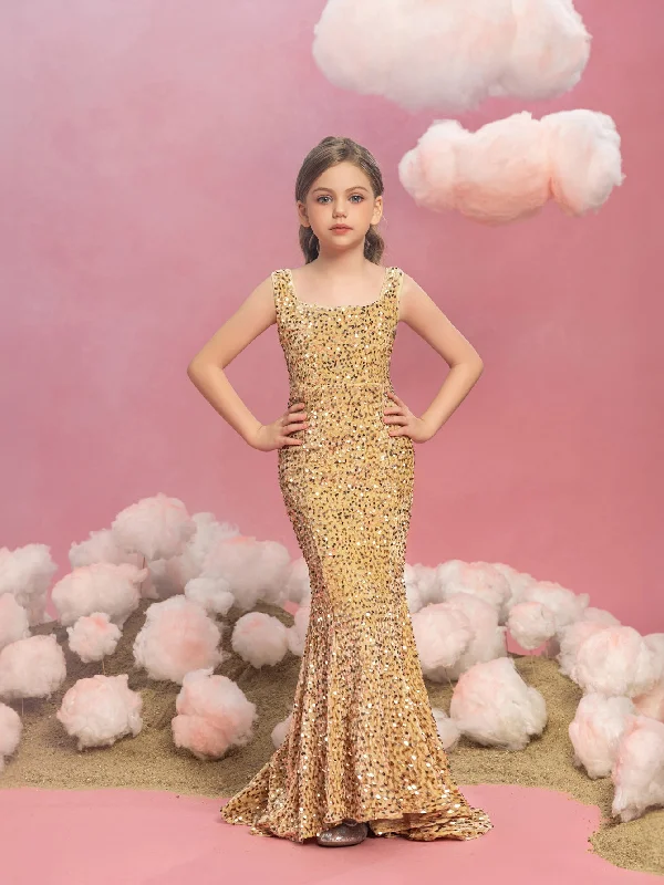 Tween Girls' Square Neck Sleeveless Mermaid Hem Sequin Party Dress Glittery Long Formal Tween Girls' Square Neck Sleeveless Mermaid Hem Sequin Party Dress Glittery Long Formal
