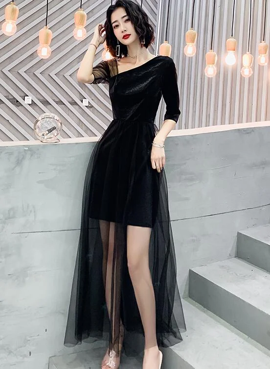 Black High Low Short Sleeves Party Dresses, Black Formal Dresses Homecoming Dresses Peplum Ruffle Cocktail Black High Low Short Sleeves Party Dresses, Black Formal Dresses Homecoming Dresses Peplum Ruffle Cocktail