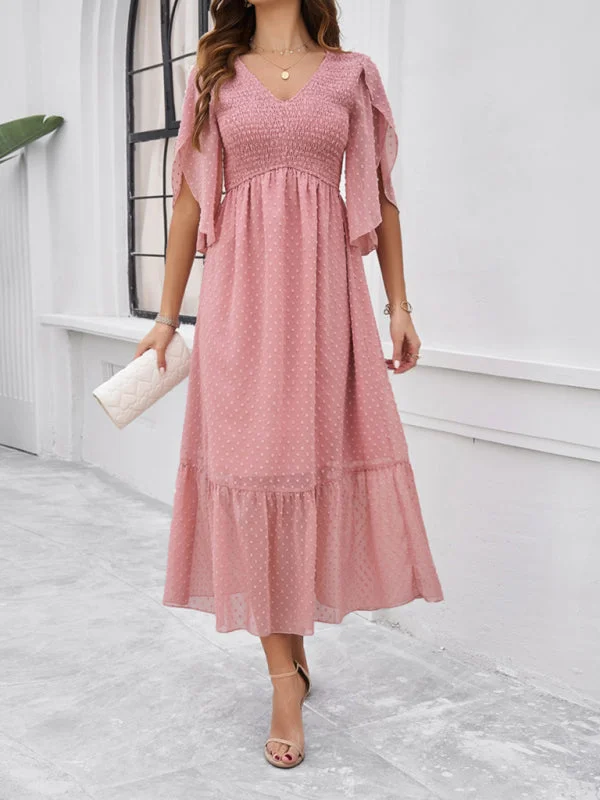 Women's elegant solid color V-neck dress Shift Classic Vintage