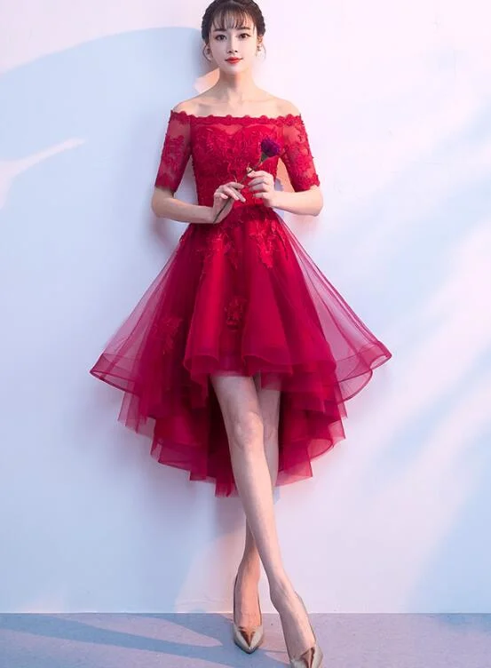 Chic Wine Red Round Party Dress , High Low Tulle Prom Dress Tunics Evening elegant