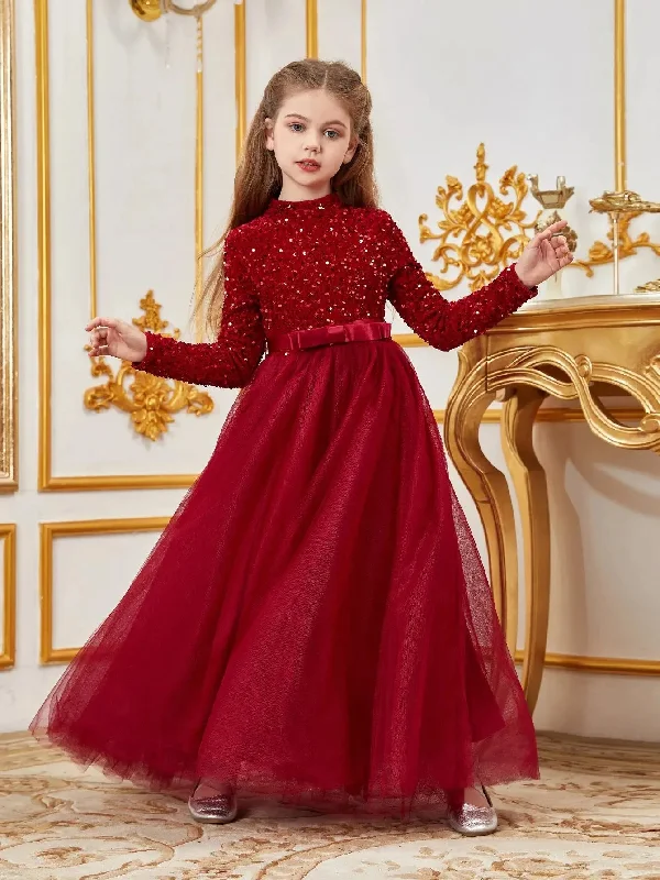 Tween Girls' Mock Neck Bow Detail Sequin Party Dress Tunics Short Trendy