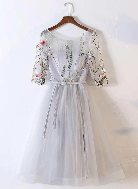 Beautiful Grey Tulle Round Neckline with Flowers Party Dress, Short Prom Dress Tunics Custom made Beautiful Grey Tulle Round Neckline with Flowers Party Dress, Short Prom Dress Tunics Custom made