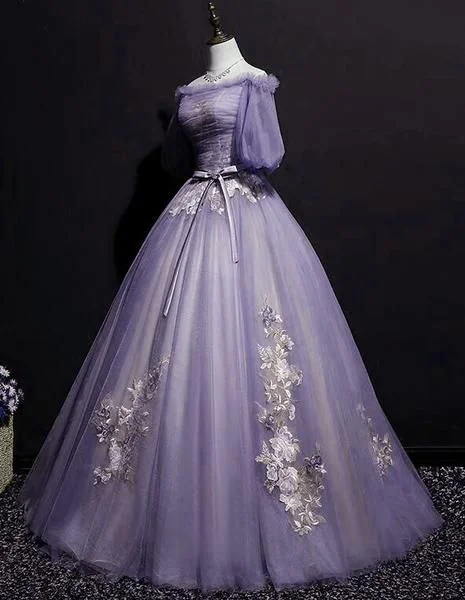 Charming Purple Short Sleeves Tulle Puffy Long Formal Dress, Lovely Evening Dress Party Dress S26513 Tunics Velvet soft