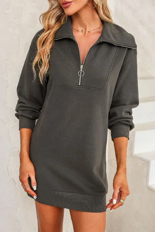 Blue Zone Planet | Half Zip Dropped Shoulder Mini Sweatshirt Dress Hoodie with Pattern Geometric Abstract Blue Zone Planet | Half Zip Dropped Shoulder Mini Sweatshirt Dress Hoodie with Pattern Geometric Abstract