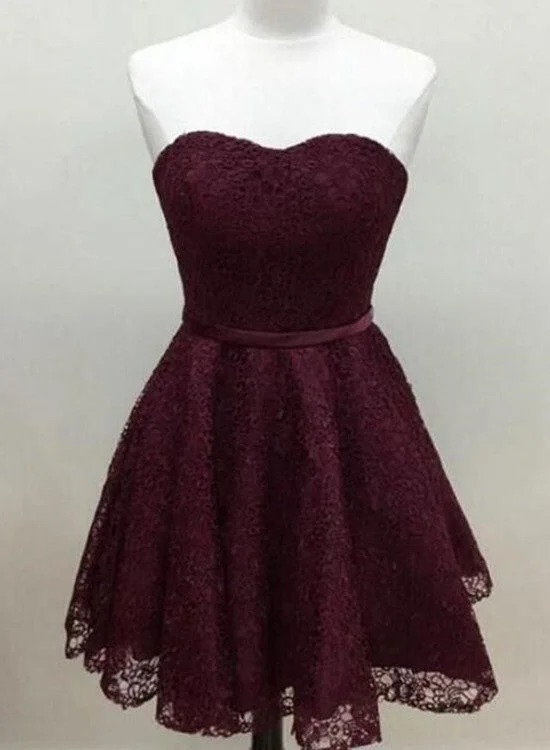 Maroon Homecoming Dresses, Lace Short Prom Dresses, Party Dresses, Prom Dress Off-the-shoulder Bohemian Festive Maroon Homecoming Dresses, Lace Short Prom Dresses, Party Dresses, Prom Dress Off-the-shoulder Bohemian Festive