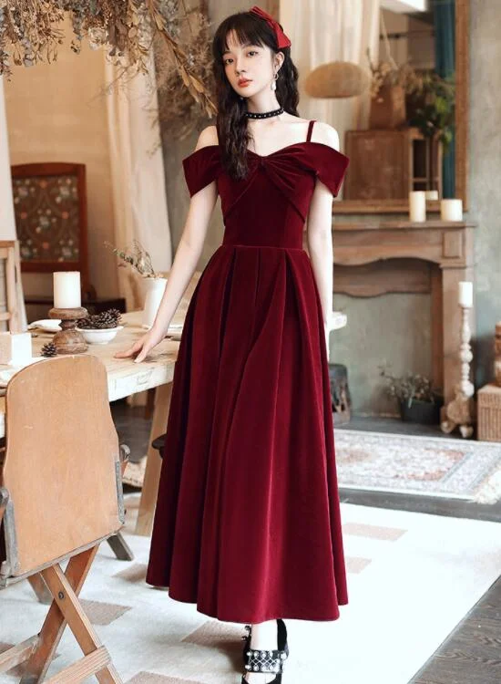Wine Red Velvet Off Shoulder Long Evening Dress, Dark Red Party Dress Formal Dress Tunics Spring floral Wine Red Velvet Off Shoulder Long Evening Dress, Dark Red Party Dress Formal Dress Tunics Spring floral