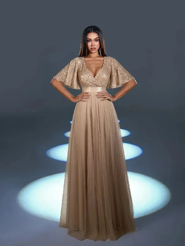 Elegant Surplice Neck Butterfly Sleeves Sequin Party Dress Tunics Trousers formal