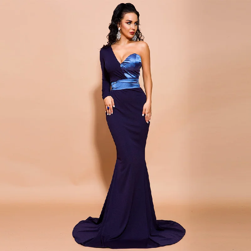 Matching color long dinner party dress Crew Neckline Sporty