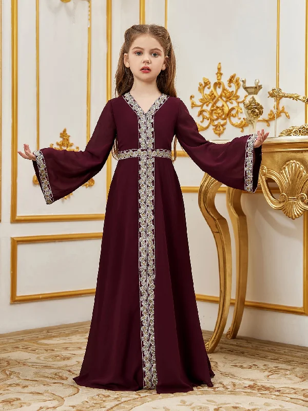 Tween Girls' Lace Trim Decoration V-neck Flare Sleeves Chiffon Party Dress Tunics Essential wardrobe Tween Girls' Lace Trim Decoration V-neck Flare Sleeves Chiffon Party Dress Tunics Essential wardrobe