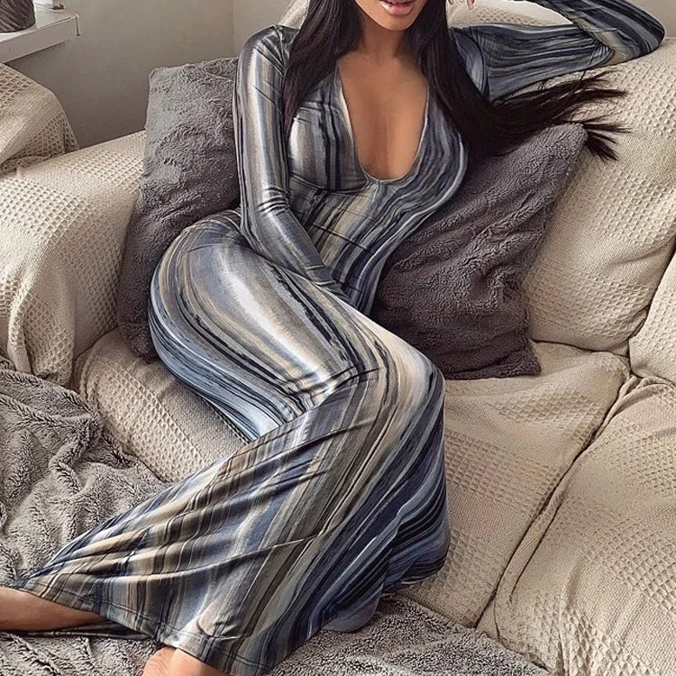 Popular High Quality Spring Autumn Colorful Printed Ladies Party Dresses Long Sleeve Bodycon Casual Maxi Dress for Women Crew Neckline Sporty Popular High Quality Spring Autumn Colorful Printed Ladies Party Dresses Long Sleeve Bodycon Casual Maxi Dress for Women Crew Neckline Sporty
