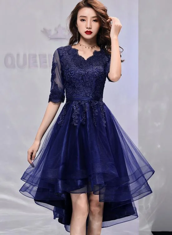 Navy Blue Short Sleeves High Low Homecoming Dress with Lace, Short Sleeves Prom Dress Party Dress Tunics Long Elegant Navy Blue Short Sleeves High Low Homecoming Dress with Lace, Short Sleeves Prom Dress Party Dress Tunics Long Elegant