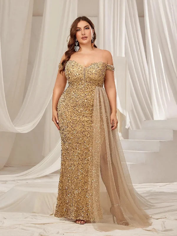 Plus Off Shoulder Split Thigh Sequin Formal Party Dress Tunics Practical easy-care