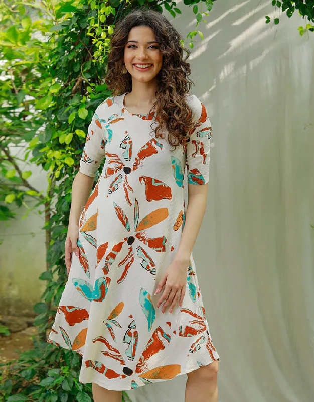 Printed Round Neck Dress with ¾ Sleeves Boat Neckline Classic