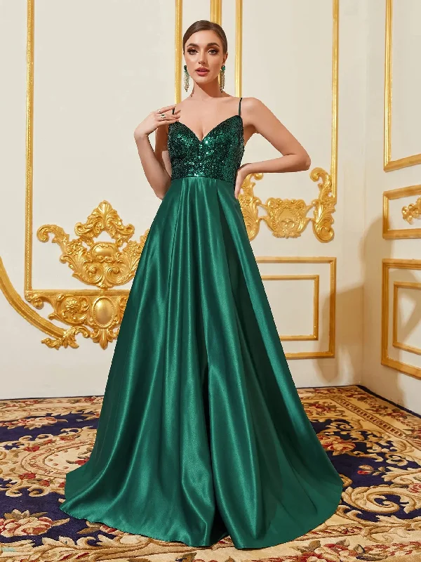 Elegant Plunging Neck Sequin Bodice Contrast Satin Hem Cami Party Dress Turtleneck Neckline Stylish Elegant Plunging Neck Sequin Bodice Contrast Satin Hem Cami Party Dress Turtleneck Neckline Stylish