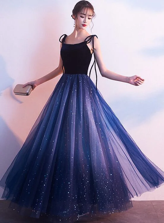 Blue Tulle with Velvet Straps Long Party Dress, Gorgeous Formal Gown Tunics Distressed trendy Blue Tulle with Velvet Straps Long Party Dress, Gorgeous Formal Gown Tunics Distressed trendy