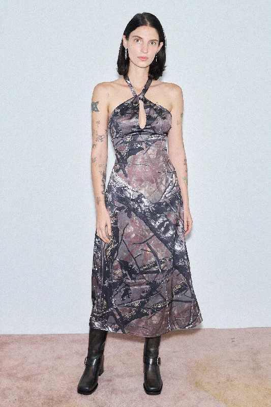 Forest Camo Satin Halter Dress Tunics Fashionable trendy