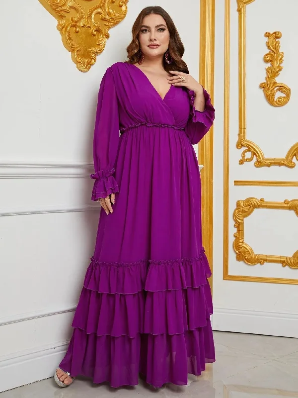 Plus Lantern Sleeves Layered Ruffle Hem Chiffon Party Dress Tunics Running lightweight